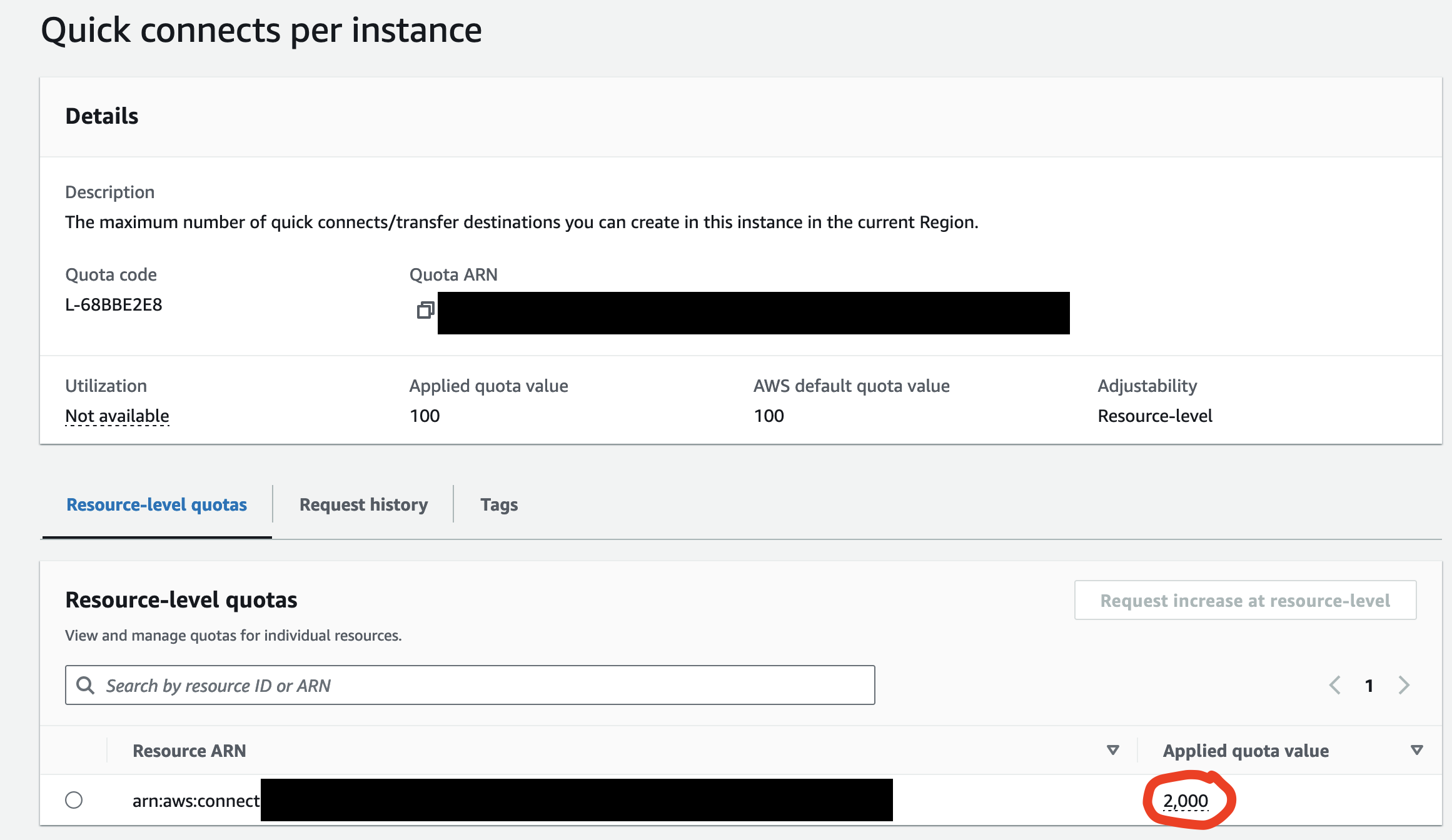 Quick Connects Per Instance Service Quota